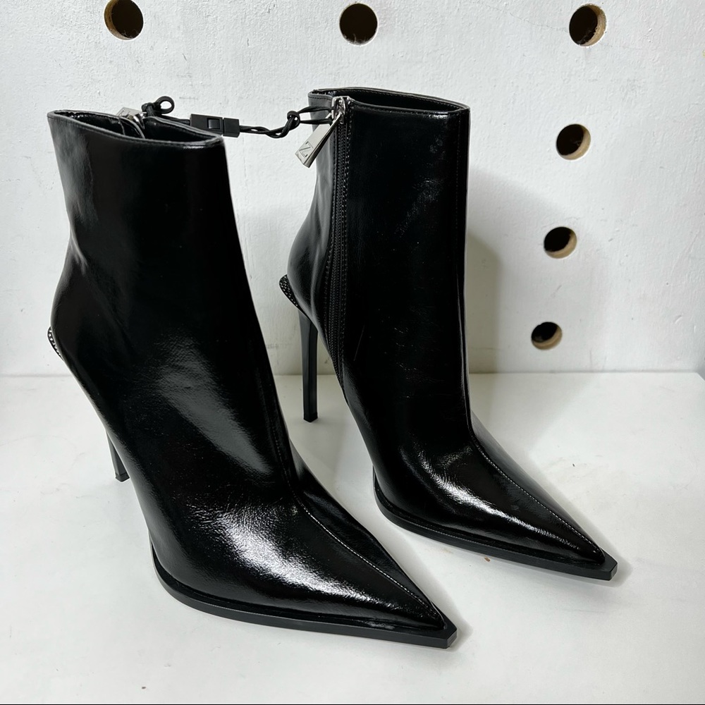 NEW Zara Pointed Toe Shiny Black Heeled Boots Rhinestones